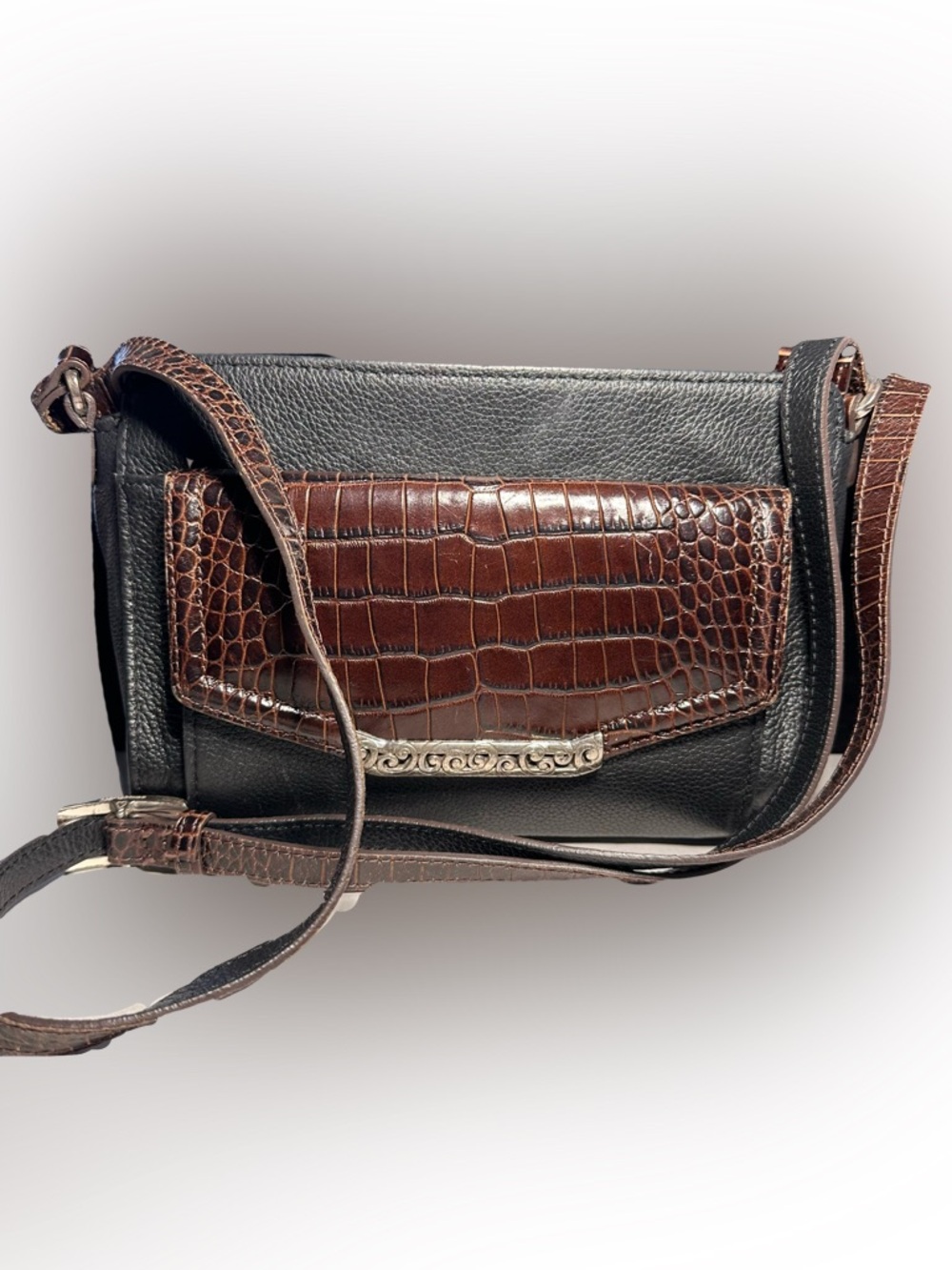 Brighton Black Leather Crossbody with Brown Croc Flap and Silver Accent